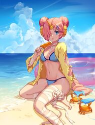  artist_name bandaged_arm bandaged_leg bandages barefoot beach bikini blue_bikini blue_eyes blue_nails blue_sky breasts choker cloud collarbone commentary crab day detached_sleeves double_bun fate/grand_order fate_(series) female food frankenstein&#039;s_monster_(fate) frankenstein&#039;s_monster_(swimsuit_saber)_(fate) frankenstein&#039;s_monster_(swimsuit_saber)_(first_ascension)_(fate) hair_bun hair_ornament hair_over_one_eye hairclip headgear holding holding_food horns innertube jacket lucidsky mechanical_horns melting nail_polish navel outdoors parted_lips pink_hair popsicle ribbon_choker sand short_hair single_detached_sleeve single_horn sitting sky sleeves_past_wrists solo stomach swim_ring swimsuit swimsuit_cover-up water yellow_jacket yokozuwari 