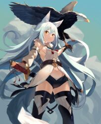  animal animal_ears bare_shoulders bird black_shorts black_thighhighs blue_hair blue_sky breasts brown_gloves closed_mouth cloud cloudy_sky commentary_request day detached_sleeves dress eagle fang_out female fighting_stance fox_ears fox_girl fox_tail gloves hair_between_eyes katana long_hair long_sleeves oerba_yun_fang original outdoors panties peroncho puffy_long_sleeves puffy_sleeves ready_to_draw red_eyes sheath sheathed short_eyebrows short_shorts shorts single_detached_sleeve single_glove sky sleeveless sleeveless_dress small_breasts smile solo standing sword tail thick_eyebrows thighhighs underwear very_long_hair weapon white_dress white_panties white_sleeves 