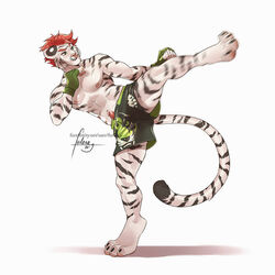  1:1 2019 abs adolescent animal_print anthro bottomwear clothed clothing digital_media_(artwork) feet felid finnian finnian_ennis fur furlana green_eyes hair handwear kickboxing male mammal mma muay_thai muscular muscular_male nipples open_mouth pantherine paws pecs pink_nose pubes red_hair shorts solo stripes tiger tiger_print toes topless white_body white_fur young 