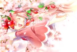  apple apple_hair_ornament bare_shoulders cherry_blossoms closed_eyes detached_sleeves female flower food food-themed_hair_ornament food_on_head from_side fruit fruit_on_head hair_flower hair_ornament hatsune_miku highres komadori_ui leaf long_hair nail_polish necktie object_on_head outstretched_arms petals pink_hair pink_nails pink_necktie pink_sleeves pink_theme sakura_miku shirt smile solo strawberry strawberry_hair_ornament twintails upper_body very_long_hair vocaloid white_shirt 