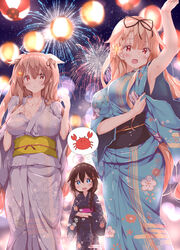  3girls absurdres alternate_costume black_hair black_ribbon blonde_hair blue_eyes blush braid breasts brown_eyes bug_bite closed_mouth commentary_request crab fireworks floral_print hair_flaps hair_ornament hair_over_shoulder hair_ribbon hairclip heterochromia highres japanese_clothes kantai_collection kimono large_breasts light_brown_hair long_hair looking_at_viewer messy_hair multiple_girls murasame_(kancolle) night night_sky numpopo open_mouth protected_link red_eyes ribbon shigure_(kancolle) single_braid sky smile twintails yukata yuudachi_(kancolle) 