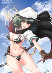  absurdres animal_print bikini blue_sky breasts brown_gloves cape cloud commentary_request cowboy_shot cutlass dated day eyepatch female gloves green_eyes green_hair hat highres kantai_collection kiso_(kancolle) kiso_kai_ni_(kancolle) looking_at_viewer medium_breasts navel outdoors sailor_hat short_hair side-tie_bikini_bottom sky smile solo standing swimsuit tiger_print translation_request twitter_username white_hat yaegashi_(muzzuleflash) 