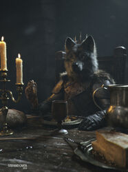  2016 3d_(artwork) absurd_res anthro anthrofied biped candle canid canine canis clothing crown detailed detailed_food digital_media_(artwork) dinner fluffy food fur game_of_thrones headgear hi_res male mammal photorealism realistic robb_stark royalty sitting solo stefano_carta wolf 