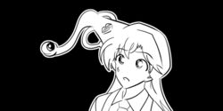  bad_id bad_twitter_id black_background commentary confused eyeball female greyscale kiseijuu lips long_hair meitantei_conan migi monochrome mouri_ran name_connection on_head solo 