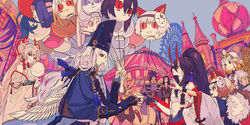  3girls 5boys :d abe_no_seimei_(onmyoji) absurdres akakage_youtou_hime_(onmyoji) animal_ears bare_shoulders black_hair bracer breasts character_balloon cogecha commentary cotton_candy eyeliner ferris_wheel flat_color hair_ornament hakuzousu_(onmyoji) hat high_ponytail highres horns japanese_clothes kohaku_(onmyoji) ligne_claire long_hair makeup mask mask_on_head miketsu_(onmyoji) multiple_boys multiple_girls navel one_eye_closed oni onikiri_(onmyoji) onmyoji open_mouth ponytail purple_hair red_eyes shiranui_(onmyoji) smile susabi_(onmyoji) usagimaru_(onmyoji) very_long_hair white_hair youtou_hime_(onmyoji) 