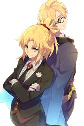  1boy alternate_costume back-to-back black_necktie blonde_hair braid commentary_request crossed_arms echo_(circa) fate/apocrypha fate/grand_order fate/prototype fate/prototype:_fragments_of_blue_and_silver fate_(series) female flower formal glasses gloves green_eyes hair_between_eyes hair_ornament half_up_braid jacket jacket_on_shoulders jekyll_and_hyde_(fate) looking_at_another looking_at_viewer mordred_(fate) mordred_(fate/apocrypha) mordred_(formal_dress)_(fate) necktie ponytail shirt short_hair simple_background smile suit white_background white_flower white_gloves white_shirt 