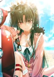  black_hair breasts cleavage commentary_request dangmill earrings fate/grand_order fate_(series) female gugalanna hair_ornament headlight highres hoop_earrings ishtar_(fate) ishtar_(swimsuit_rider)_(fate) jacket jacket_over_swimsuit jewelry long_hair looking_at_viewer motor_vehicle parka red_eyes scooter solo sunglasses sweat swimsuit thigh_strap 