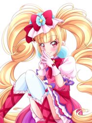  aisaki_emiru blonde_hair blunt_bangs boots bow closed_mouth commentary_request cure_macherie dress drill_hair earrings eyelashes female gloves hair_ornament hairbow happy highres hugtto!_precure jewelry long_hair looking_at_viewer magical_girl pink_dress pink_footwear pink_gloves pom_pom_(clothes) pom_pom_earrings precure puffy_short_sleeves puffy_sleeves red_bow red_eyes s-operator short_sleeves simple_background smile solo thighhighs thighs twin_drills twintails very_long_hair white_background white_gloves white_thighhighs 