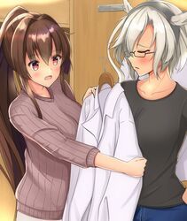  2girls alternate_costume breasts brown_hair closed_eyes coat commentary_request cowboy_shot dark-skinned_female dark_skin denim fitting_room glasses grey_shirt hair_between_eyes highres jeans kantai_collection large_breasts long_hair multiple_girls musashi_(kancolle) open_mouth pants platinum_blonde_hair ponytail red_eyes ribbed_sweater semi-rimless_eyewear shirt short_hair_with_long_locks sweater toyomi_13 trying_on_clothes twintails two_side_up white_coat yamato_(kancolle) 