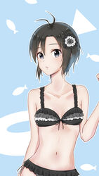  antenna_hair bikini black_bikini black_eyes black_hair blue_background breasts cleavage collarbone commentary_request contrapposto female frilled_bikini frills hair_between_eyes hair_ornament highres idolmaster idolmaster_(classic) kikuchi_makoto mogskg navel parted_lips short_hair small_breasts solo standing swimsuit vivid_bikini_(idolmaster) 