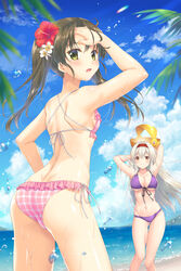  2girls armpits ass back ball bare_arms bare_legs bare_shoulders beach beachball bikini blue_sky blush breasts brown_eyes brown_hair cleavage closed_mouth cloud collarbone commentary_request day flower frilled_bikini frills front-tie_top green_eyes groin hair_between_eyes hair_flower hair_ornament hairband headband highres holding kantai_collection large_breasts long_hair looking_at_viewer looking_back minakami_nagara multiple_girls navel ocean open_mouth outdoors palm_leaf photoshop_(medium) purple_bikini sand shoukaku_(kancolle) side-tie_bikini_bottom sky small_breasts smile standing swimsuit tree twintails very_long_hair water water_drop wet white_hair zuikaku_(kancolle) 