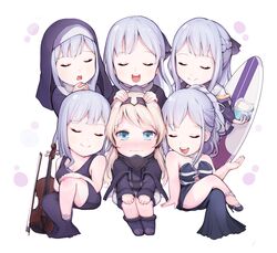  6+girls absurdres ak-12_(age_of_slushies)_(girls&#039;_frontline) ak-12_(girls&#039;_frontline) ak-12_(quiet_azure)_(girls&#039;_frontline) alternate_costume an-94_(girls&#039;_frontline) bad_id bad_twitter_id black_ribbon blonde_hair blue_eyes blush braid chibi closed_eyes closed_mouth dress evening_gown food french_braid full_body girls&#039;_frontline gloves grey_hair hair_ornament hairband highres jacket long_hair long_sleeves looking_at_another multiple_girls nun official_alternate_costume open_mouth ponytail ribbon shaved_ice sidelocks simple_background sitting smile surfboard tori_(user_hghr2284) traditional_nun very_long_hair 