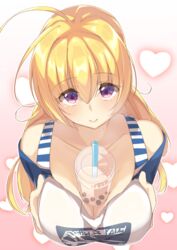  absurdres ahoge between_breasts blonde_hair breast_lift breasts bubble_tea bubble_tea_challenge collarbone commentary_request cup disposable_cup drinking_straw female from_above hakoniwa-boxer heart heart_background highres large_breasts lena_liechtenauer long_hair looking_at_viewer off-shoulder_shirt off_shoulder pink_background purple_eyes raglan_sleeves senren_banka shirt solo striped_clothes striped_shirt sweat 