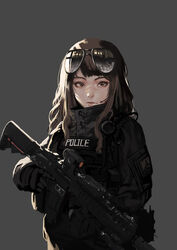  absurdres ar-15 aviator_sunglasses brown_eyes brown_hair commentary female flak_jacket gun headset high_collar highres ihobus jacket looking_at_viewer medium_hair original photoshop_(medium) police reflection rifle scar scar_on_face scar_on_nose simple_background solo sunglasses trigger_discipline weapon 