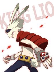  1boy animal_ears bad_id bad_twitter_id blonde_hair c_han25 commentary_request cosplay fingerless_gloves gloves goggles goggles_on_head green_hair highres king_kazma king_kazma_(cosplay) lio_fotia looking_at_viewer male_focus promare purple_eyes rabbit_ears simple_background solo summer_wars vest white_background 