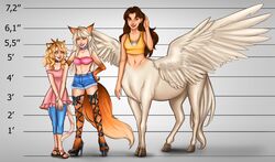  3girls aerodynamict bangle bikini blonde_hair boots bracelet brown_eyes brown_hair cat_girl cat_tail centaur character_chart choker commentary commission commissioner_upload crop_top cross-laced_footwear denim dress feathered_wings fox_girl fox_tail green_eyes height_chart highres jeans jewelry lace-up_boots looking_at_another looking_at_viewer monster_girl multicolored_hair multiple_girls necklace original pants sandals short_shorts shorts size_comparison smile spread_wings streaked_hair swimsuit tail taur white_hair wings 