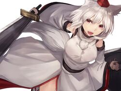  animal_ear_fluff animal_ears bare_shoulders breasts commentary_request detached_sleeves fangs female hat holding holding_shield holding_sword holding_weapon inubashiri_momiji large_breasts long_sleeves looking_at_viewer open_mouth pom_pom_(clothes) red_eyes sandals shield shirt short_hair side_slit simple_background skirt skirt_set socks solo sword tail thkani tokin_hat touhou weapon white_background white_hair white_shirt white_skirt white_socks wide_sleeves wolf_ears wolf_tail 