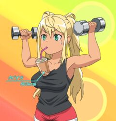  arms_up blonde_hair breasts bubble_tea bubble_tea_challenge commentary_request dark-skinned_female dark_skin drink drinking_straw dumbbell_nan_kilo_moteru? exercising female green_eyes gyaru highres large_breasts sakura_hibiki shorts solo squatting sweatdrop tan tank_top text_focus translated twintails type_x weightlifting 