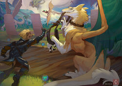  amarian anthro armor blonde_hair claws clothed clothing collar dragon duo feral fur furred_dragon furred_scalie hair hybrid male mammal membrane_(anatomy) membranous_wings mostly_nude mustelid mythological_creature mythological_scalie mythology otter plate_armor scalie sergal sharp_teeth tail teeth wings 