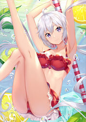  ahoge air_bubble armpits arms_up ass bare_arms bare_legs bare_shoulders bikini bikini_skirt breasts bubble cleavage collarbone commentary_request female freediving frills highres holding ldfe_mk2 legs_up long_hair looking_at_viewer low_twintails medium_breasts photoshop_(medium) purple_eyes red_bikini senki_zesshou_symphogear smile solo swimsuit thighs twintails underwater very_long_hair water white_hair yukine_chris 