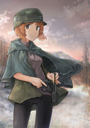  absurdres bad_id bad_pixiv_id bike_shorts black_capelet black_shorts brown_eyes brown_hair bullet cameltoe capelet closed_mouth cloud cloudy_sky commentary emblem english_commentary ennui_orz female flare_gun girls_und_panzer green_hat green_jacket grey_shirt grey_sky gun hat highres holding holding_gun holding_weapon hood hooded_capelet jacket kampfpistole_z light_frown looking_at_viewer military_hat mountain nishizumi_miho ooarai_(emblem) outdoors shirt short_hair shorts sky solo standing tree twilight weapon 