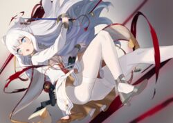  :o ass azur_lane blue_eyes blurry blurry_background blush breasts commentary_request depth_of_field double_bun dress female grey_background grey_footwear hair_bun high_heels holding holding_sword holding_weapon le_malin_(azur_lane) long_hair long_sleeves medium_breasts open_mouth pantyhose peroncho saber_(weapon) shoe_soles shoes sidelocks solo sword thighband_pantyhose underboob very_long_hair weapon white_dress white_hair white_pantyhose 