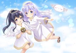  2girls :d absurdres angel angel_wings angora_rabbit animal black_hair blue_eyes blue_hair blue_sky blush brown_footwear choker closed_mouth cloud cloudy_sky commentary_request crossover day dress feathered_wings feathers gochuumon_wa_usagi_desu_ka? green_choker hair_between_eyes hair_ornament halo hand_up higero_(wataten) high_ponytail highres holding inahori kafuu_chino long_hair long_sleeves multiple_girls open_mouth outdoors ponytail rabbit shirosaki_hana shoes sidelocks sky smile tippy_(gochiusa) very_long_hair watashi_ni_tenshi_ga_maiorita! white_dress white_feathers white_wings wide_sleeves wings x_hair_ornament 