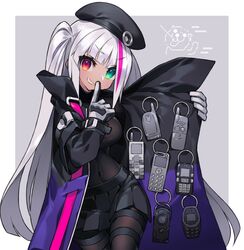  beret black_bodysuit black_skirt bodysuit breasts cellphone commentary female finger_to_mouth flip_phone girls&#039;_frontline gloves hat heterochromia highres itsumo_nokoru jacket long_hair long_sleeves mdr_(girls&#039;_frontline) multicolored_hair navel nokia_3310 one_side_up open_clothes open_jacket open_mouth pantyhose phone pleated_skirt shushing skirt solo streaked_hair white_hair 