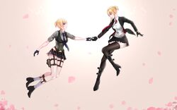  2girls agent_47 blonde_hair boots chinese_commentary commentary corset cosplay dual_persona girls&#039;_frontline gloves high_heel_boots high_heels highres hitman_(game) jacket lzypoipoi multiple_girls necktie selfcest short_twintails skirt socks thighhighs twintails welrod_mkii_(girls&#039;_frontline) yuri 