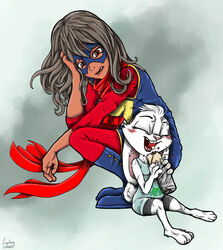  3_toes 4_fingers alice_kirabito_(ziegelzeig) anthro brown_eyes closed_eyes clothed clothing crossover disney duo ears_down eating fan_character feet female female/female fingers food fur happy hi_res human human_on_anthro interspecies kamala_khan lagomorph larger_female larger_human leporid mammal marvel mask ms._marvel open_mouth pivoted_ears predator/prey pregnant rabbit size_difference smaller_anthro smaller_female story_at_source superhero teeth toes white_body white_fur worried ziegelzeig zootopia 