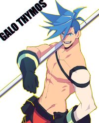  1boy blue_eyes blue_hair character_name commentary_request die_(f_mega) galo_thymos gloves hand_on_own_hip male_focus open_mouth pants pectorals polearm promare smile spiked_hair topless_male weapon white_background 