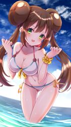  absurdres bad_id bad_pixiv_id bikini blue_sky blush breasts brown_hair cleavage cloud commentary_request day double_bun female green_eyes hair_bun halterneck highres large_breasts leaning_forward low_twintails navel ocean open_mouth outdoors pokemon pokemon_bw2 rosa_(pokemon) side-tie_bikini_bottom sky smile solo soraryu_saworu string_bikini swimsuit twintails wading white_bikini 