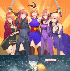  1boy 5girls armor armored_dress bare_shoulders black_dress black_hair black_pantyhose black_ribbon black_thighhighs blood blood_from_mouth blood_on_face blue_eyes blunt_bangs blush bow breasts cape chains cleavage closed_mouth commentary cosplay dress earrings empty_eyes ereshkigal_(fate) ereshkigal_(fate)_(cosplay) fate/grand_order fate_(series) fur-trimmed_cape fur-trimmed_dress fur_collar fur_trim gauntlets go-toubun_no_hanayome gold_trim hair_between_eyes hair_ornament hair_ribbon hairbow highres holding japanese_clothes jeanne_d&#039;arc_alter_(avenger)_(fate) jeanne_d&#039;arc_alter_(avenger)_(fate)_(cosplay) jeanne_d&#039;arc_alter_(fate) jewelry katana kimono large_breasts leotard long_hair long_sleeves looking_at_viewer medium_hair miyamoto_musashi_(fate) miyamoto_musashi_(fate)_(cosplay) miyamoto_musashi_(first_ascension)_(fate) multiple_girls nakano_ichika nakano_itsuki nakano_miku nakano_nino nakano_yotsuba navel no_pupils off_shoulder open_mouth orange_hair pantyhose parted_bangs photoshop_(medium) pink_hair purple_dress quintuplets red_cape red_hair revealing_clothes ribbon sakura_ayane scathach_(fate) scathach_skadi_(fate) scathach_skadi_(fate)_(cosplay) shaded_face short_hair shuten_douji_(fate) shuten_douji_(fate)_(cosplay) siblings single_sleeve sisters skull smile spine sword thighhighs tiara turn_pale two_side_up uesugi_fuutarou voice_actor_connection wand waver_velvet waver_velvet_(cosplay) weapon yand 