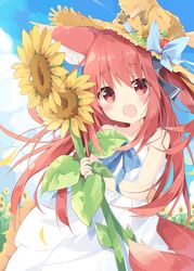  :d animal_ear_fluff animal_ears blue_sky bow cloud commentary_request day dress female flower fox fox_ears fox_on_head fox_tail frilled_dress frills hair_ribbon hat hat_bow hat_flower highres kushida_you long_hair oerba_yun_fang open_mouth original outdoors red_eyes red_hair ribbon sky sleeveless sleeveless_dress smile solo straw_hat sundress sunflower tail white_dress yellow_flower 