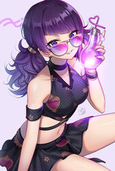  absurdres bad_id bad_pixiv_id bare_shoulders belt bikini bikini_skirt black_bikini black_bracelet black_choker black_shirt black_skirt bottle breasts choker collarbone commentary_request cowboy_shot crop_top diagonal_bangs drinking_straw ear_piercing earrings female floral_print gradient-tinted_eyewear grey_background halterneck heart heart_print highres holding holding_bottle idolmaster idolmaster_shiny_colors jewelry lipstick long_hair looking_at_viewer looking_over_eyewear mairo makeup medium_breasts midriff miniskirt multicolor-tinted_eyewear multiple_bracelets nail_polish navel parted_lips partial_commentary piercing print_bikini print_skirt purple-tinted_eyewear purple_eyes purple_hair semi-circular_eyewear shirt signature skirt sleeveless sleeveless_shirt smile solo sunglasses swimsuit tanaka_mamimi thighs tinted_eyewear twintails yellow-framed_eyewear 