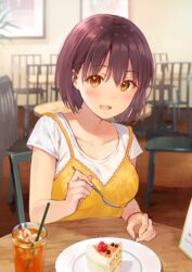  :d blueberry blurry blurry_background blush breasts brown_eyes brown_hair cake cake_slice chair collarbone commentary cup depth_of_field dress drink drinking_glass drinking_straw female fingernails food fork fruit fukahire_(ruinon) hair_between_eyes holding holding_fork ice ice_cube indoors looking_at_viewer on_chair open_mouth original pink_nails plate restaurant shirt short_sleeves sitting sleeveless sleeveless_dress small_breasts smile solo sorai_mahiru_(fukahire) strawberry table upper_body white_shirt wooden_floor yellow_dress 