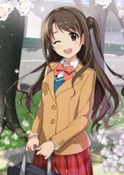  ;d absurdres bag black_bag blurry blurry_foreground bow bowtie brown_eyes brown_hair brown_jacket collared_shirt commentary_request dress_shirt earrings female floating_hair flower highres holding holding_bag idolmaster idolmaster_cinderella_girls jacket jewelry long_hair long_sleeves looking_at_viewer natsuya_(natuya777) one_eye_closed one_side_up open_mouth outdoors petals plaid plaid_skirt pleated_skirt red_bow red_bowtie red_skirt school_bag school_uniform shimamura_uzuki shirt skirt smile solo standing swept_bangs tree very_long_hair white_flower white_shirt wing_collar 