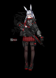  animal_ears anti-materiel_rifle ar-10 arknights bad_id bad_pixiv_id barrett_m82 battle_rifle black_background blue_eyes commentary ear_piercing female full_body gloves grey_hair gun handgun highres holster holstered id_card jacket original pantyhose photoshop_(medium) piercing rifle scope sniper_rifle solo twintails weapon yakumo_ling 