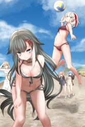  5girls :3 absurdres admiral_graf_spee_(azur_lane) ahoge alternate_costume azur_lane ball beach beach_volleyball beachball bikini black_bikini black_hair blonde_hair blue_eyes blue_hair blue_sky breasts breasts_apart cleavage closed_mouth cloud commentary day deutschland_(azur_lane) deutschland_(service_time?!)_(azur_lane) full_body hand_on_own_thigh highres long_hair looking_at_viewer midriff mole mole_on_stomach multicolored_hair multiple_girls naughty_face navel nukotume ocean official_alternate_costume open_mouth orange_hair outdoors parted_lips raised_eyebrow red_hair sand sarong school_swimsuit short_hair sky smile standing stomach streaked_hair summer swimsuit u-556_(azur_lane) u-81_(azur_lane) very_long_hair white_hair z23_(azur_lane) 