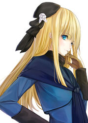  black_hat blonde_hair blue_capelet blue_eyes brown_gloves capelet commentary_request fate/grand_order fate_(series) female floating_hair flower gloves hat hat_flower long_hair long_sleeves looking_at_viewer lord_el-melloi_ii_case_files niboss photoshop_(medium) reines_el-melloi_archisorte simple_background solo upper_body white_background white_flower 