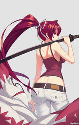  ass back belt breasts butt_crack camisole closed_mouth commentary_request cowboy_shot crop_top female from_behind hair_intakes hair_ribbon highres holding holding_clothes holding_jacket holding_sword holding_weapon jacket katana koyama_keisuke long_hair looking_at_viewer looking_back ootachi over_shoulder pants pocket ponytail purple_hair red_camisole red_eyes ribbon sheath sheathed smile solo standing sword sword_over_shoulder under_night_in-birth unworn_jacket weapon weapon_over_shoulder white_pants yuzuriha_(under_night_in-birth) 