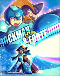  2boys arm_cannon bass_(mega_man) beam blue_eyes blue_headwear boots commentary_request firing full_body gloves helmet mega_man_(character) mega_man_(classic) mega_man_(series) multiple_boys one_eye_closed open_mouth poroi_(poro586) red_eyes robot turtleneck weapon 