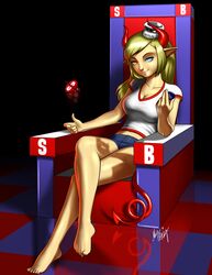  absurd_res blonde_hair blue_eyes bottomwear chair clothing demon digi-ink-by-marquis female furniture hair heterochromia hi_res holding_object humanoid not_furry red_eyes salt-chan saltybet shorts sitting solo 