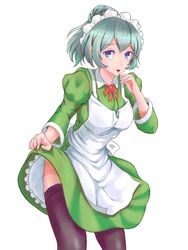  apron bad_id bad_pixiv_id black_thighhighs blue_eyes breasts clothes_lift commentary_request dungeon_ni_deai_wo_motomeru_no_wa_machigatteiru_darou_ka female green_skirt grey_hair highres juliet_sleeves lifting_own_clothes long_sleeves looking_at_viewer maid_headdress ponytail puffy_sleeves short_hair short_ponytail simple_background skirt skirt_lift solo standing syr_flover thighhighs tongue tongue_out white_background yasunari_iwanaga 