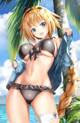  ass_visible_through_thighs ayakawa_riku bare_shoulders bikini black_bikini blonde_hair blue_eyes blue_jacket blush braid breasts cleavage collarbone commentary_request contrapposto cowboy_shot day fate/grand_order fate_(series) female hair_between_eyes hairband hood hooded_jacket jacket jeanne_d&#039;arc_(fate) jeanne_d&#039;arc_(swimsuit_archer)_(fate) jeanne_d&#039;arc_(swimsuit_archer)_(first_ascension)_(fate) large_breasts long_hair looking_at_viewer navel open_clothes open_mouth outdoors sidelocks single_braid skindentation smile solo swimsuit twitter_username very_long_hair 