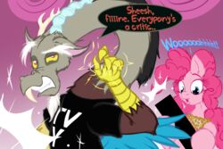  2019 3:2 4_fingers blue_eyes censor_bar chimera clothing discord_(mlp) draconequus duo english_text equid equine excited female fingers friendship_is_magic frist44 hasbro horn horse inside male mammal my_little_pony physical_censor_bar pinkie_pie_(mlp) pony snapping_fingers sound_effects speech_bubble text underwear 