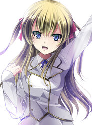  :d arm_up blonde_hair blue_eyes blue_ribbon collared_shirt commentary_request discharge_view female floating_hair grey_jacket hair_between_eyes hair_ribbon highres jacket joukamachi_no_dandelion long_hair long_sleeves looking_at_viewer neck_ribbon open_mouth photoshop_(medium) red_ribbon ribbon sakurada_hikari shirt simple_background smile solo standing two_side_up upper_body very_long_hair white_background wing_collar 