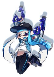  ;d arms_up baseball_cap black_footwear black_hat black_leggings blue_eyes blue_hair blue_jacket blue_tongue blunt_bangs colored_tongue commentary dapple_dualies_(splatoon) dual_wielding female full_body hat holding holding_weapon ink_tank_(splatoon) inkling inkling_girl inkling_player_character jacket jumping leggings long_hair long_sleeves navel oerba_yun_fang one_eye_closed open_mouth pointy_ears shadow shoes simple_background single_vertical_stripe smile solo splatoon_(series) splatoon_2 tentacle_hair twitter_username weapon white_background yeneny 