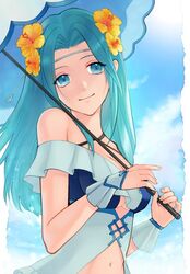  aqua_hair blue_eyes blue_sky closed_mouth cloud commentary_request female fiora_(fire_emblem) fiora_(summer)_(fire_emblem) fire_emblem fire_emblem:_the_blazing_blade fire_emblem_heroes flower hair_flower hair_ornament holding holding_umbrella kiyuu long_hair protected_link sky smile solo swimsuit umbrella upper_body 