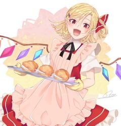  :d apron asa_(coco) black_ribbon blonde_hair collaboration colorized commentary_request cowboy_shot cream_puff crystal eyelashes fangs female flandre_scarlet food frilled_apron frills hair_between_eyes hair_ornament hair_ribbon hairclip holding holding_tray looking_at_viewer neck_ribbon no_headwear one_side_up open_mouth oven_mitts pastry petticoat pink_apron red_eyes red_ribbon red_skirt red_vest ribbon shirt short_hair short_sleeves signature skirt skirt_set slit_pupils smile solo souta_(karasu_no_ouchi) standing touhou tray vest white_background white_shirt wings 